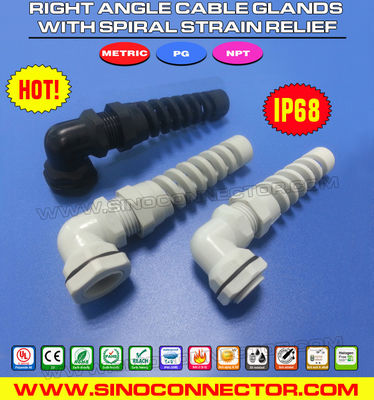 PG & Metric Thread Plastic Elbow Cable Glands, IP68 Right Angle Nylon Cable Glands with Spiral Flexible Protector