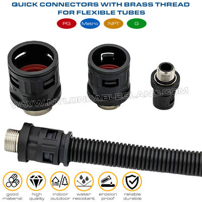 Nylon 6 Connectors (Joints, Fittings) black RAL9005 with Metal Male Thread PG7~PG48 for Corrugated Tubes AD7~AD108