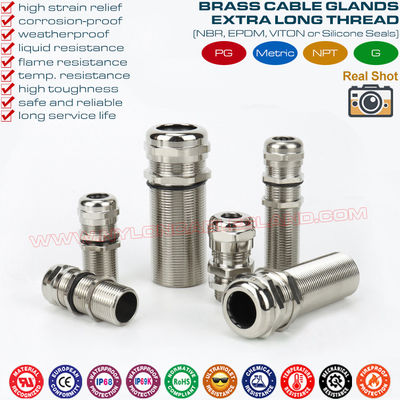 Long Thread Cable Gland, IP68/IP69K Brass Metal Cable Glands with Extralong Thread PG7~PG48 & M12~M63 for Thick Panel