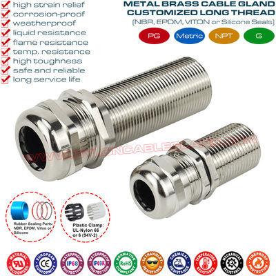 Long Thread Cable Gland, IP68/IP69K Brass Metal Cable Glands with Extralong Thread PG7~PG48 & M12~M63 for Thick Panel