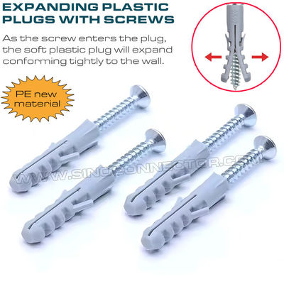Expandable Plastic Wall Plugs (Screw Anchors, Drywall Anchors) Gray, Red or Blue Ø10 x 50mm 100pcs with Ø6~8mm Screws for Home Decor