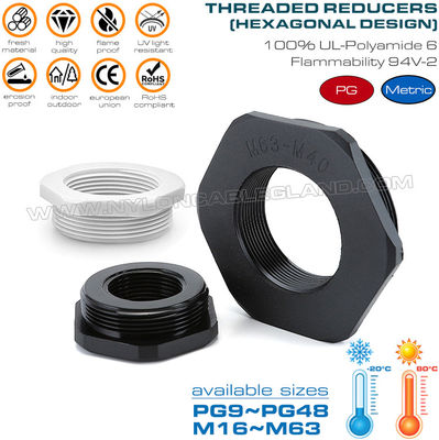 Hex Plastic Reducers Male to Female Thread PG9~PG48 & Hex Nylon Reducing Bushings Male to Female Thread M16~M63 for Electrical