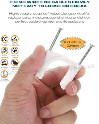 Double Nail Cable Clips (Double Nail Pipe Clips), Round Type, Two Steel Nails, Polyethylene, White/Black, 30mm~50mm, For Large Cables