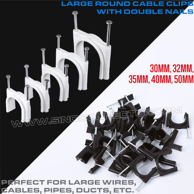 Double Nail Cable Clips (Double Nail Pipe Clips), Round Type, Two Steel Nails, Polyethylene, White/Black, 30mm~50mm, For Large Cables