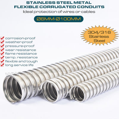 Metal Flexible Corrugated Tubes Ø6mm~Ø100mm, 316 & 304 Stainless Steel Corrugated Pipes Axial Tension 36 kgf~600 kgf for Wire Protection