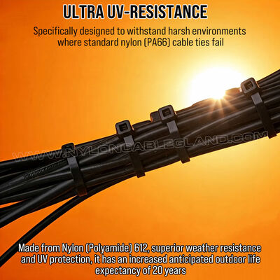Nylon 612 (Polyamide 612) UV Shield Cable Tie 200mm x 4.8 (Ø 3-50mm), Weather & Corrosion Resistance, for Solar Installation