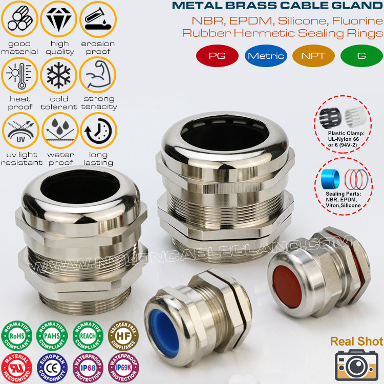 Waterproof Metallic Cable Glands, Brass Nickel-Plated, Metric Thread, M6x1.0~M150x2, IP68/IP69K, BCG Series