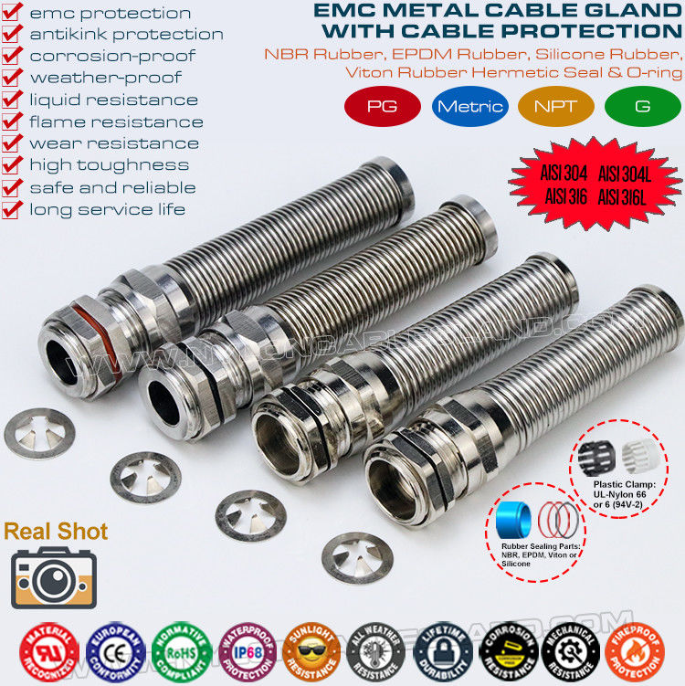 Metal EMC (EMI, EMV) Cable Gland, IP68 Watertight Brass PG Cable Gland Connector with Spiral Guard