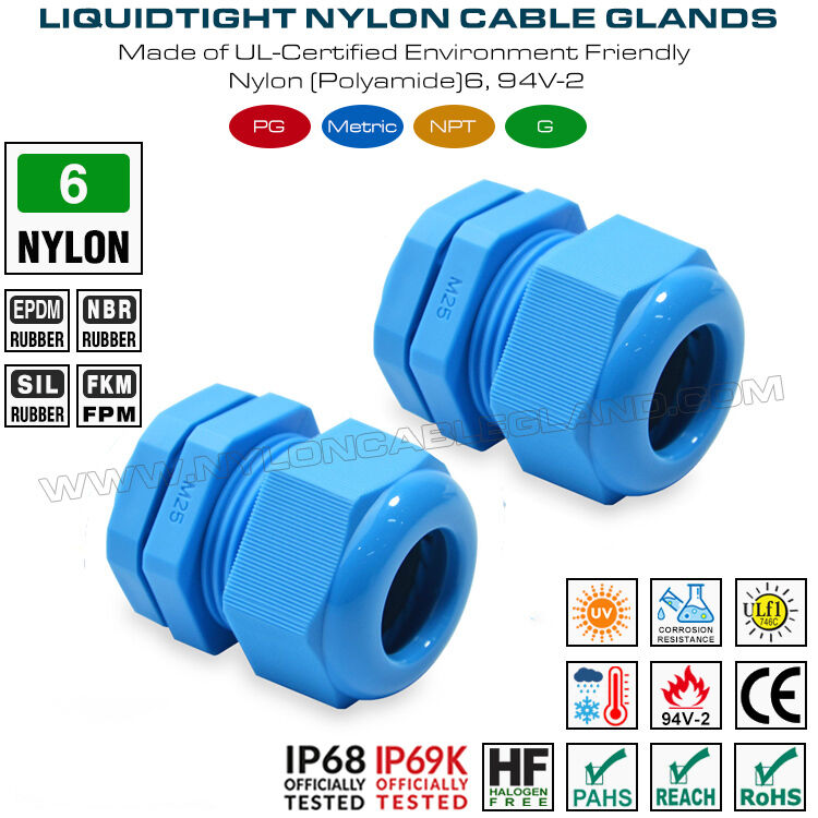 Waterproof Cord Connector M25x1.5 Plastic Cable Gland IP68, 13-18mm Range, Nylon (PA) 6, UL746C-f1 Rated, Outdoor Use