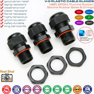 Kelenjar kabel tahan api nilon poliamida hitam IP68 (UL94 V-0) PG7~PG48 / M10~M75 dengan benang PG atau Metrik
