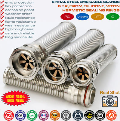 Kelenjar kabel NPT baja tahan karat EMC (IP68) dengan pelindung spiral fleksibel