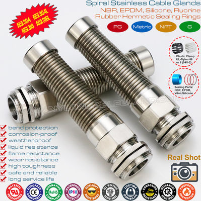 Kelenjar Kabel Logam PG Baja Tahan Karat SS304 / SS316 (IP68) dengan Ekor Spiral