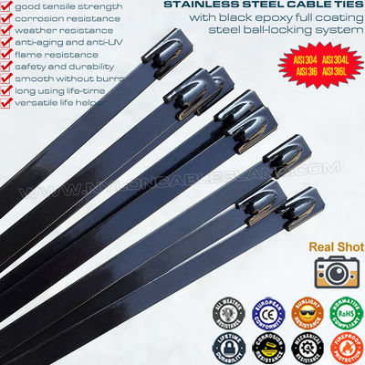 Dasi kabel baja tahan karat 316/304 200mm x 7,9 dengan lapisan epoksi penuh hitam (380lbs) untuk pagar luar ruangan