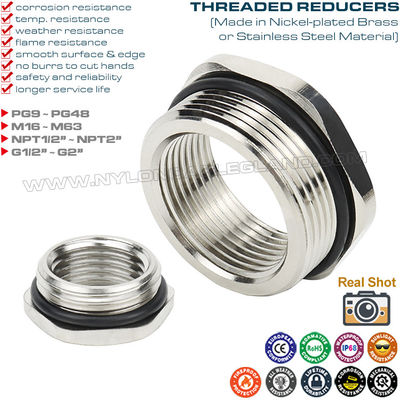 Reducer logam IP68 (konverter, adaptor, reduksi ulir, fitting reduksi) dengan ulir PG, Metrik, NPT atau G