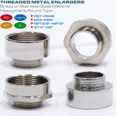 Adaptor berulir heksagonal / konverter nipple berulir bulat logam (kuningan, baja tahan karat) ulir jantan ke betina PG7~PG48, M12~M63, NPT3/8~NPT2 dan G1/4~G2