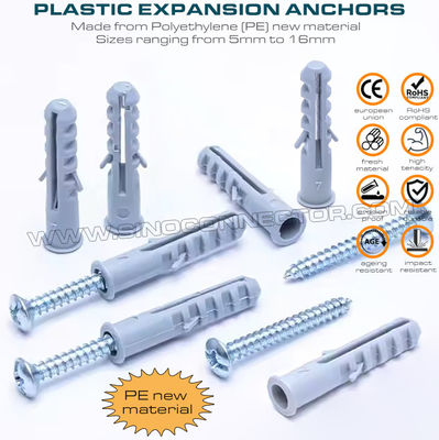 Steker sumbat ekspansi plastik (jangkar) dengan sayap & sekrup ganda, tipe seperti ikan, polietilena, Ø5 ~ Ø16mm, untuk dinding beton
