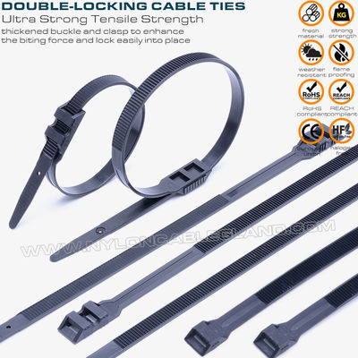 Pengikat kabel penguncian ganda /dasi kabel dengan kepala datar ganda, hitam, nilon (PA) 6.6, 760x9mm, 110lbs, 500N, Ø20~220mm, penggunaan luar ruangan