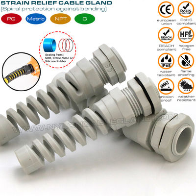 Kelenjar kabel spiral /kelenjar kabel fleksibel spiral pelepas regangan nilon (poliamida) 6 PG11 IP68 untuk kabel 5-10mm