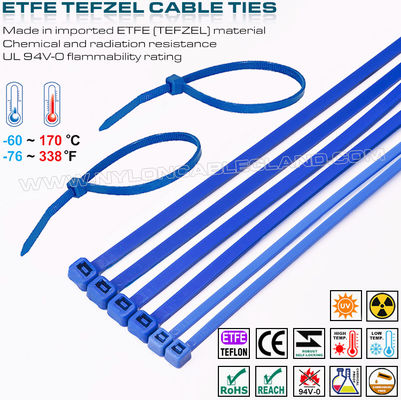 Tali kabel tie Teflon biru 200 x 4.8mm, tali sabuk ETFE 94V-0 ikat zip Tefzel tahan bahan kimia 50 lbs untuk lingkungan ekstrem