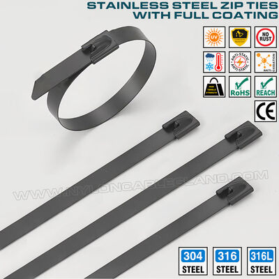 Zip Ties Metal Cable Ties Baja tahan karat dengan lapisan epoksi atau nilon 11 penuh, Versi 304, 316 atau 316L, Lebar 7,9mm x Panjang 300-1000mm, Untuk Situs Industri