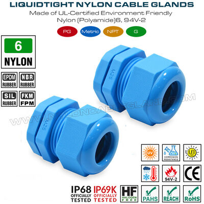 Konektor tahan air M25x1.5 kelenjar kabel plastik IP68, diameter 13-18mm, nilon (PA) 6, UL746C-f1, untuk penggunaan luar ruangan