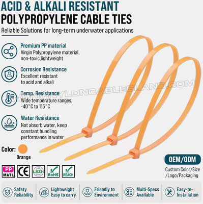 Pengikat kabel Polypropylene (PP) 3,6 x 200 mm, ketahanan sangat baik terhadap bahan kimia, asam, & alkali, daya serap air rendah, untuk industri akuakultur