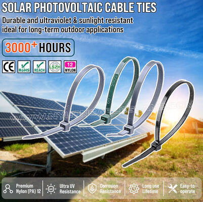 Ikat kabel nylon (PA) 12 tahan UV 300 mm x 4,8 (Ø 3-80 mm), ketahanan luar biasa terhadap garam & bahan kimia, untuk industri fotovoltaik surya