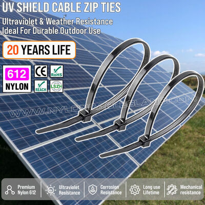 Pengikat kabel Nylon 612 (Poliamida 612) tahan UV 200 mm x 4,8 (Ø 3-50 mm), tahan cuaca dan korosi, untuk instalasi panel surya