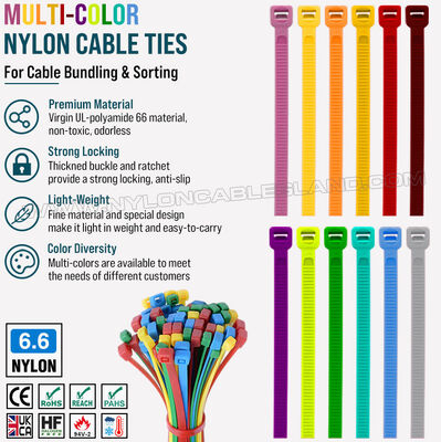 Pengikat kabel berwarna 200mm x 4.8, ikat kabel nilon 66 multiwarna yang dapat disesuaikan dengan diameter 3-50 mm (222N / 50LBS) untuk manajemen kabel secara visual
