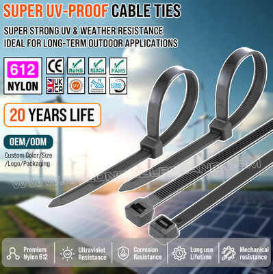 Sabuk kabel tali kabel Ikat kabel nilon 612 (poliamida 612, PA612) berwarna hitam, untuk penggunaan berat, tahan sinar UV dan cuaca, 350 mm x 7,6, untuk fasilitas tenaga surya di luar ruangan