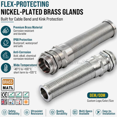 Serat Kabel Metal Spiral Gland Perunggu Nikel-dilapisi dengan Depression Relief, PG13.5 (Ø 6-12 mm), DIN 40430/EN 62444, untuk Perlindungan Bend Kabel