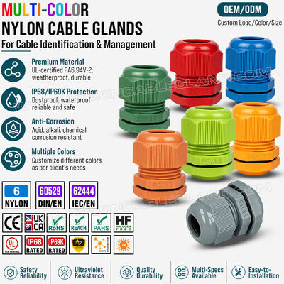 Kelenjar Kabel Berwarna, Nylon 6 (Polyamide 6, PA6), PG13.5 (6-12mm & 5-9mm), IP68/IP69K, untuk Identifikasi Visual & Organisasi Kabel