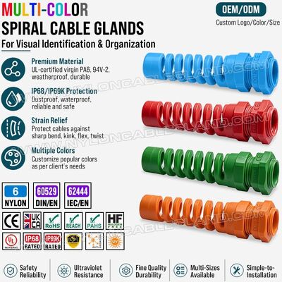 Kelenjar kabel spiral berwarna dengan pelindung tegangan, nylon 6 (poliamida 6/PA6), PG13.5 (Ø 6-12 mm & 5-9 mm), IP68 & IP69K, untuk identifikasi dan pengaturan kabel
