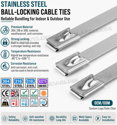 Ikat kabel tali kabel tanpa lapisan dari baja tahan karat tipe 316L, 316, 304, lebar 12 mm × panjang 350 mm–1100 mm, 675 lbs (306 kg/3000 N), untuk manufaktur industri & mesin
