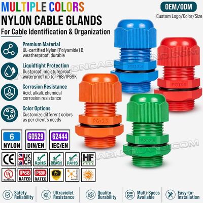 Gland kelenjar kabel nilon plastik berwarna PG13.5 dengan ulir panjang, IP68/IP69K, untuk kabel berdiameter 6-12 mm atau 5-9 mm
