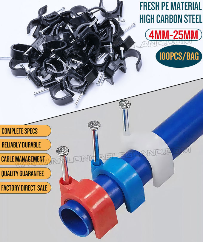Klip kabel bundar plastik berbentuk C (klip kawat atau klem kabel) dengan paku pengikat untuk kabel berdiameter Ø2,5mm~50mm
