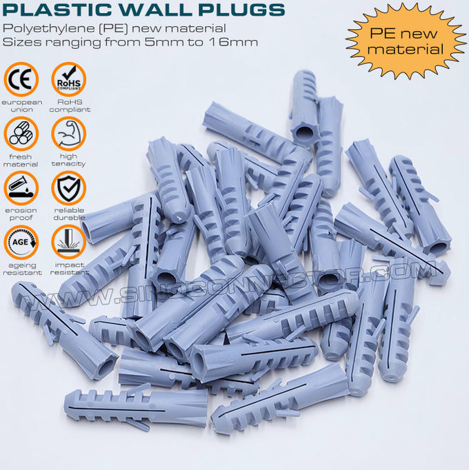 Sumbat dinding plastik yang dapat diperluas (sumbat ekspansi, sumbat pemasangan) abu-abu, merah atau biru Ø10 x 50mm 100 pcs dengan sekrup Ø6~8mm untuk dekorasi rumah