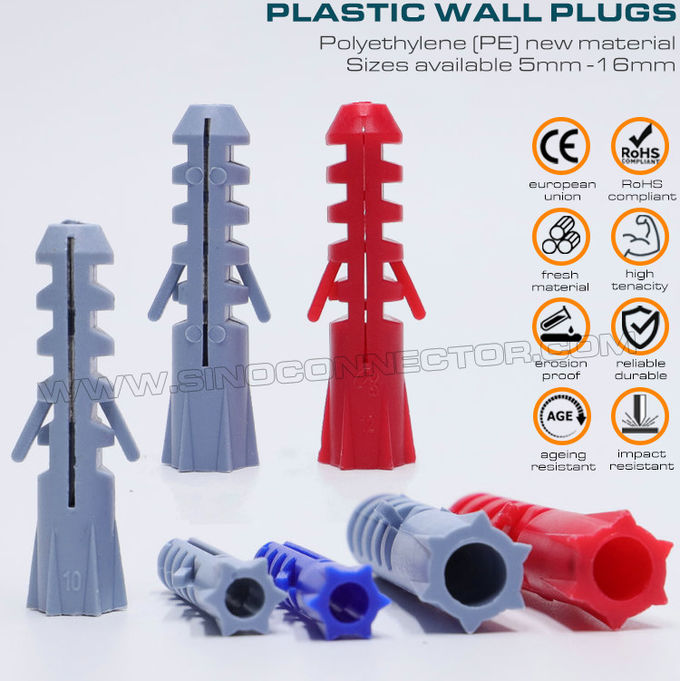 Jangkar plastik yang dapat diperluas (jangkar yang dapat disekrup, sumbat yang dapat diperluas) abu-abu, merah atau biru Ø10 x 50mm 100 pcs dengan sekrup self-tapping Ø6~8mm untuk lemari dinding