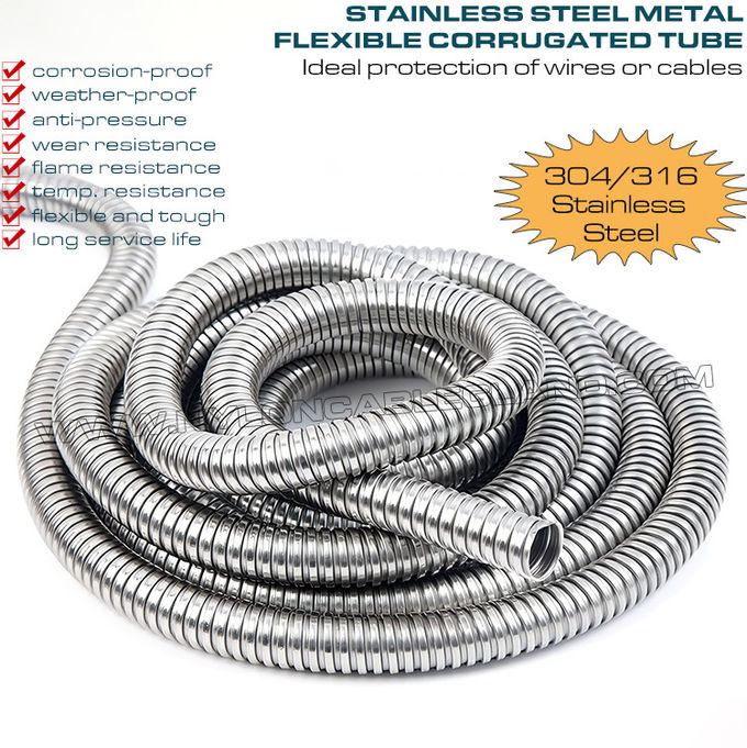 Pipa konduit selang bergelombang fleksibel baja tahan karat 304/316 DN20 (Ø20mm x Ø24.3mm) 50 meter/gulungan untuk perlindungan kawat atau kabel